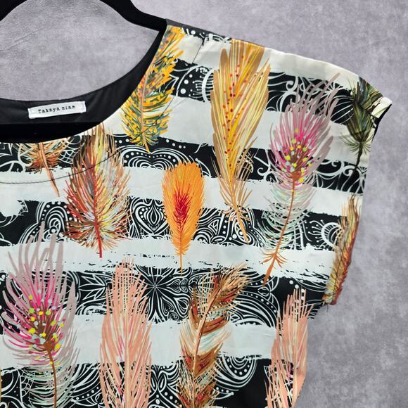 Takaya Siam Black Short Sleeve Maxi Feather Print Sheer Ruffle Dress Medium - Picture 7 of 8